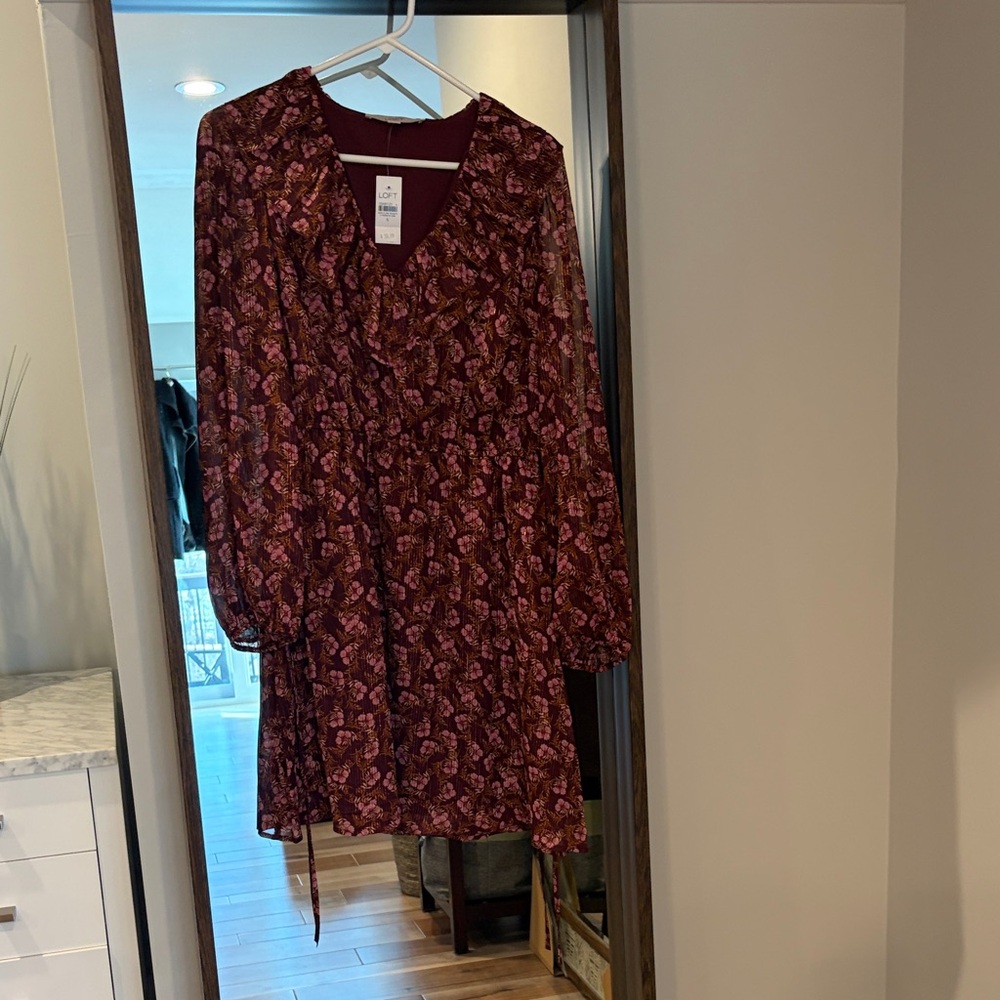 LOFT Burgundy Floral print ruffled Long Sleeve Dress